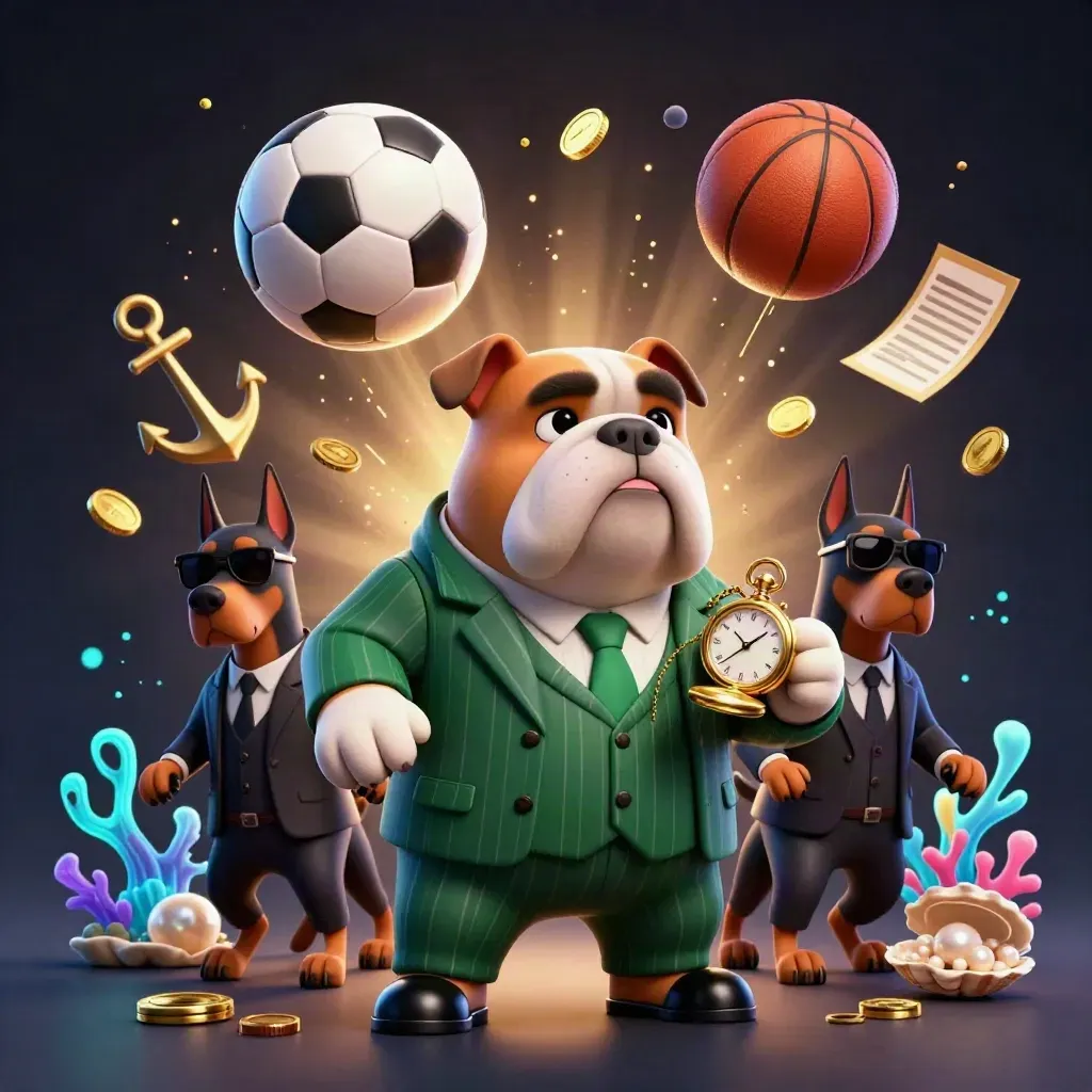 Ground-level casino key art: mafia bulldog, Dobermans, coins, balls, coral, and glowing light.