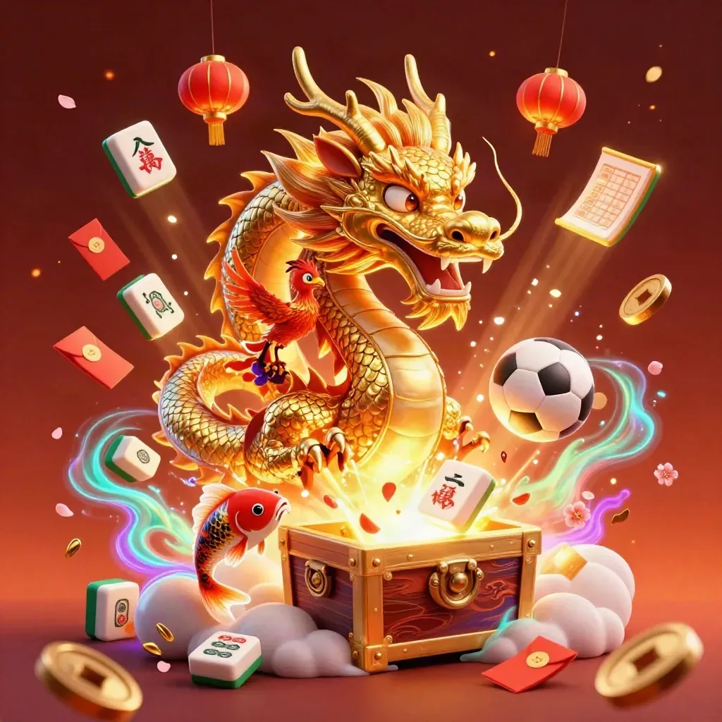 Golden dragon, phoenix and koi amid casino icons, soccer ball and basketball in a fiery burst.