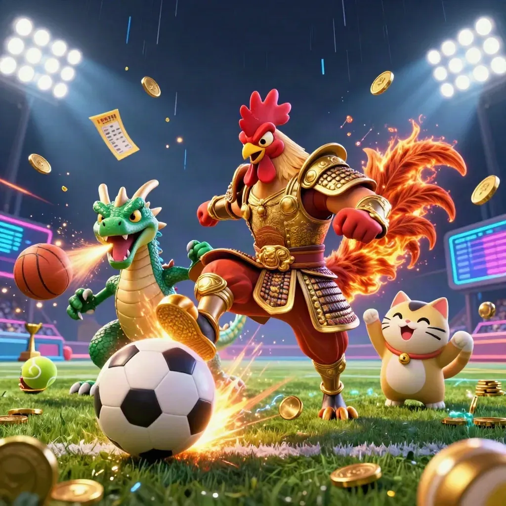 Rooster warrior, dragon hatchling and fortune-cat explode around flying balls and gold.