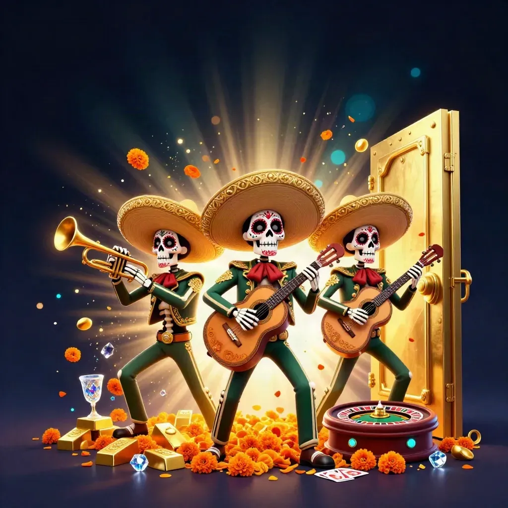 Skeleton mariachi trio amid vault treasure, roulette, cards, and glowing casino lights.