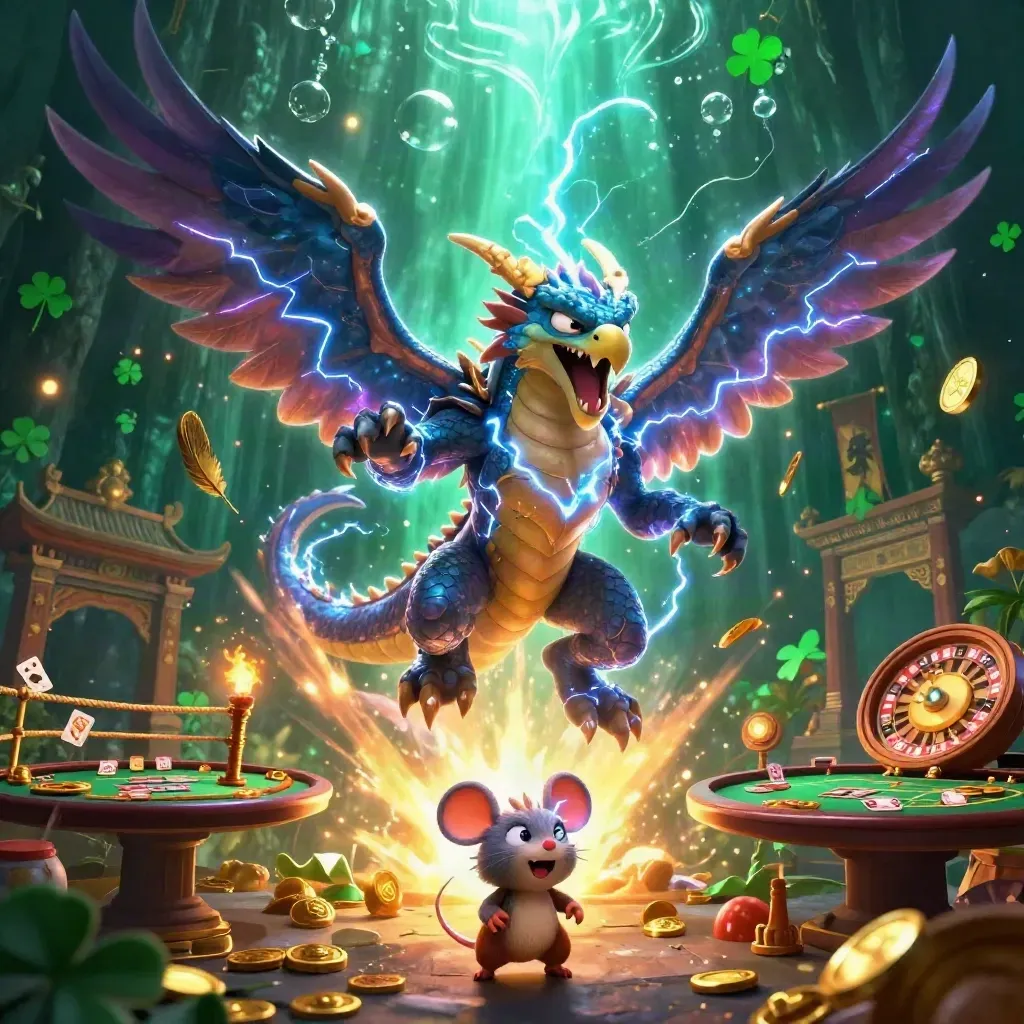Thunder dragon, glowing hawk, and static mouse amid casino treasure and neon light.