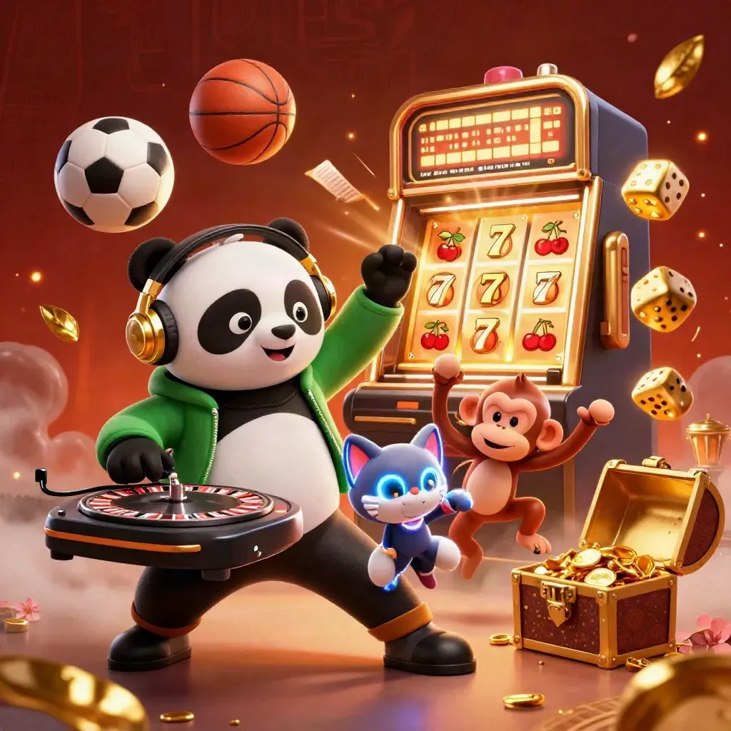 DJ panda, monkey, kitten, casino effects, balls and gold in a fiery sports-casino scene