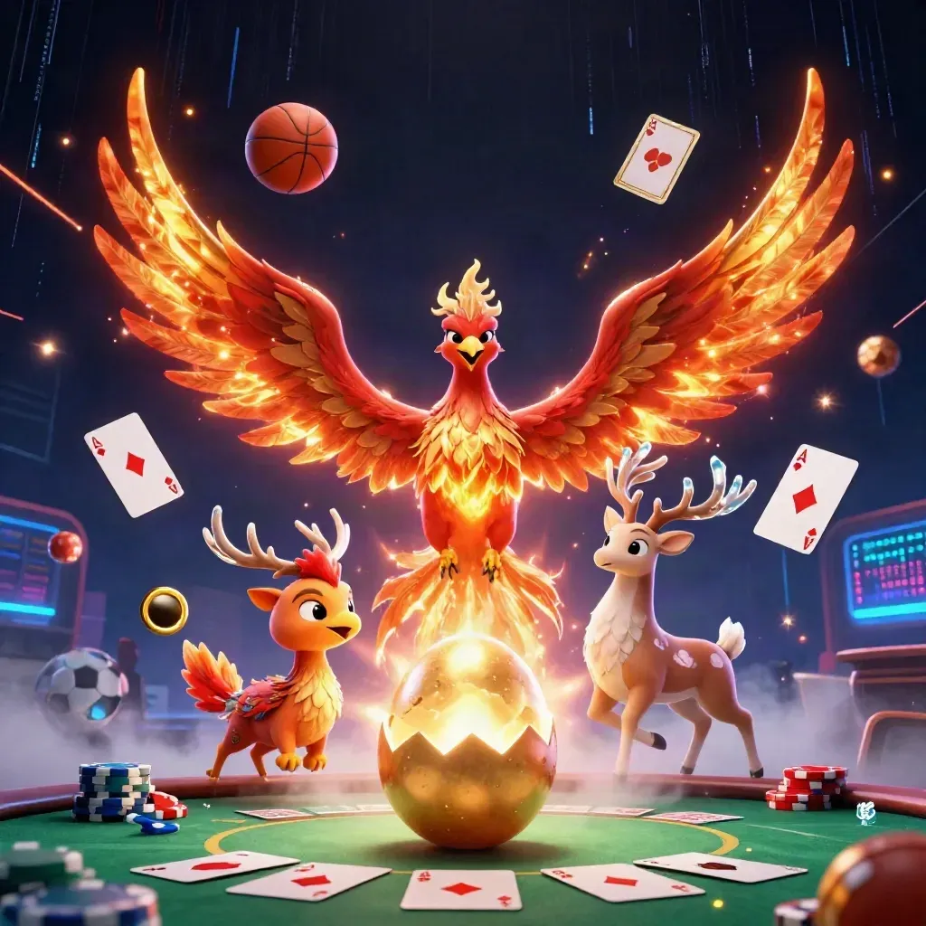 Phoenix, stag and poker chips burst in neon casino key art with balls and cards over dark grid