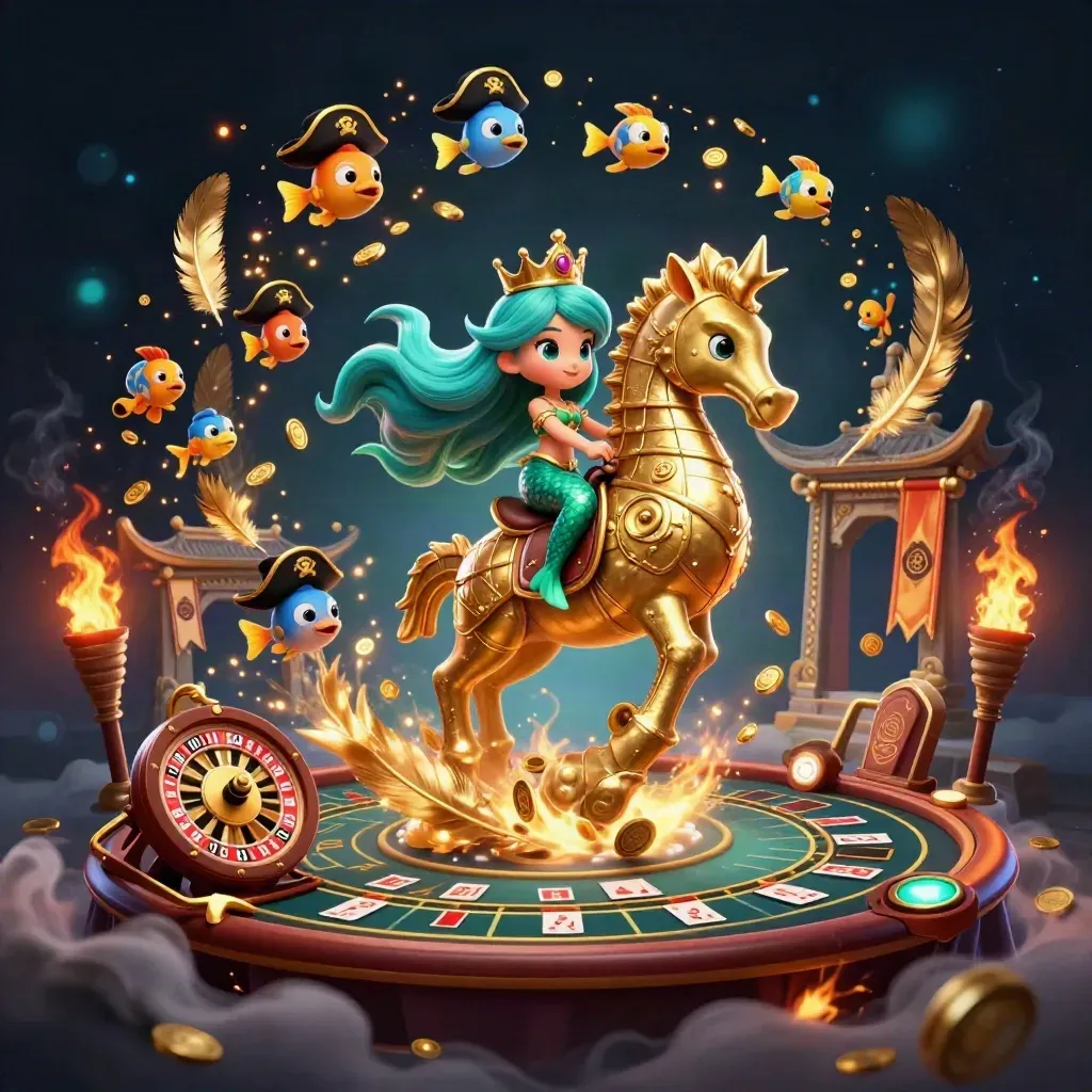 Mermaid princess on a golden seahorse with pirate fish amid casino relics and glowing torchlight.