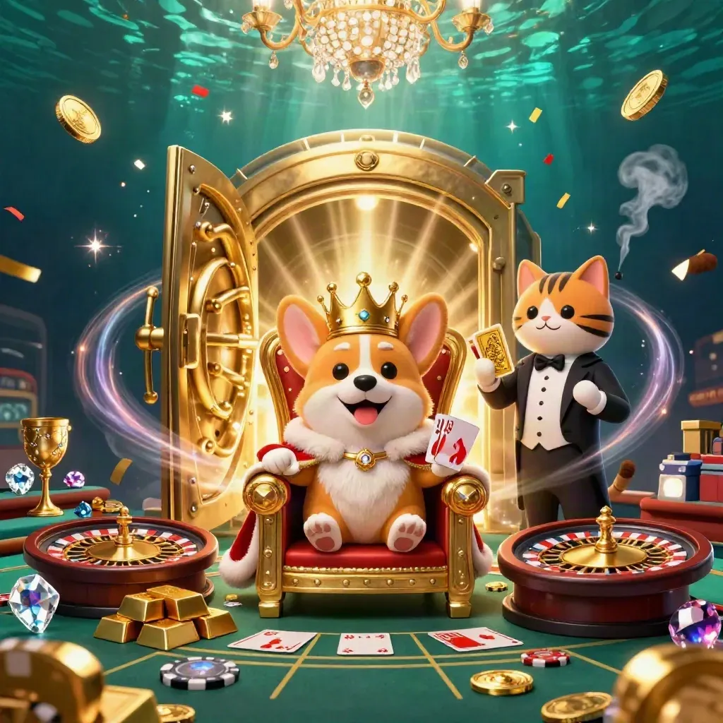 Royal corgi king and cat butler amid casino treasure, gold light, and glowing effects
