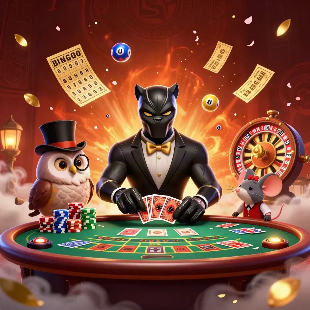 Panther dealer, owl, and mouse amid spinning casino magic in an emerald-and-gold room.