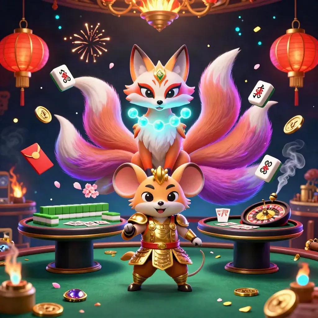 Neon fox spirit and armored mouse amid casino props, lanterns, jade coins and glowing light