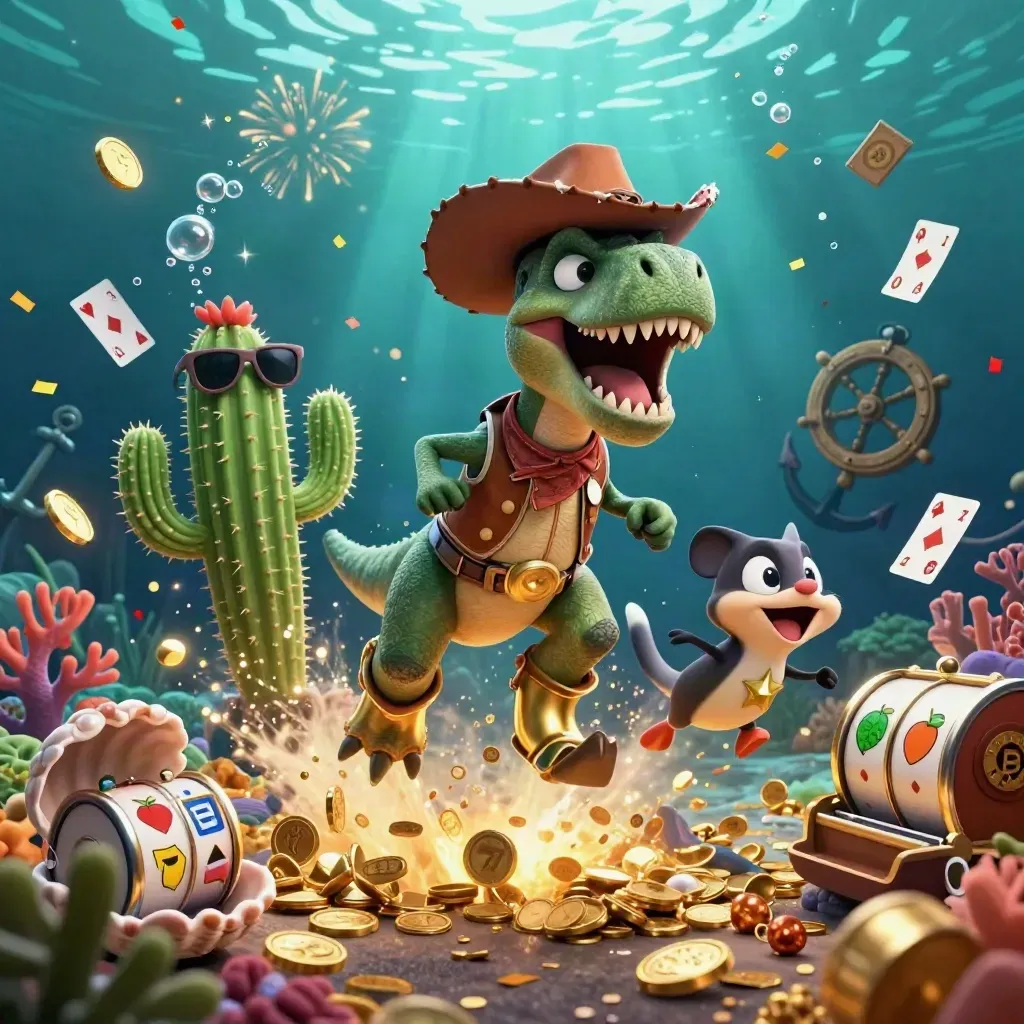 Cowboy T-Rex, cactus sidekick, and sheriff roadrunner burst through an underwater treasure cove.