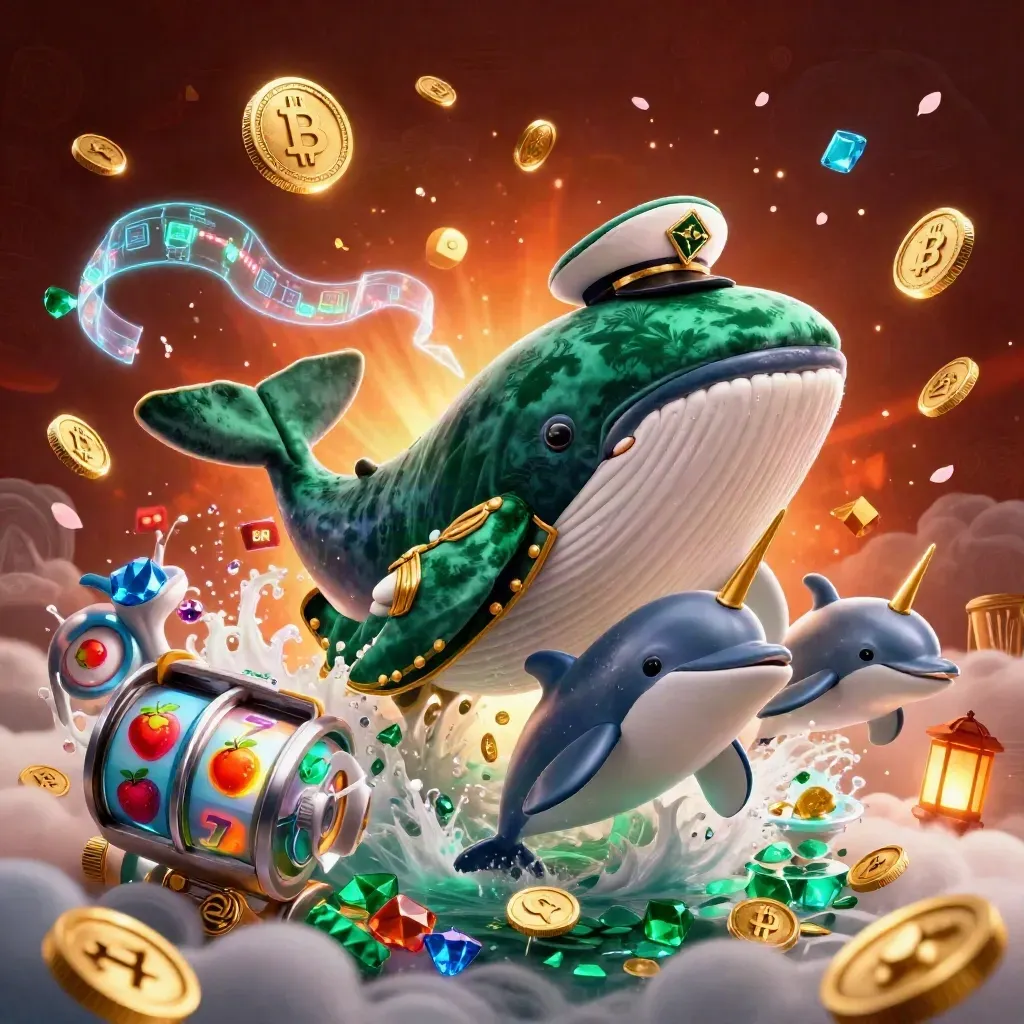 Whale captain, narwhal, and dolphins burst through coins with casino and crypto effects.