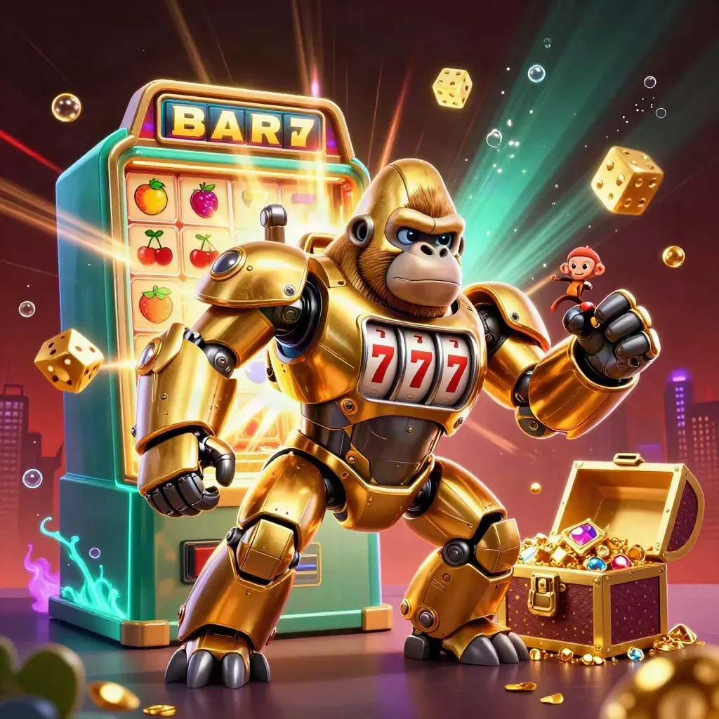 Golden gorilla mech exploding from a slot machine with a tiny monkey pilot and gold treasure.