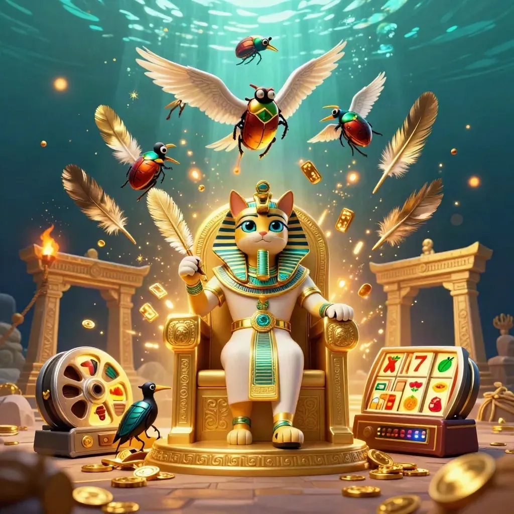 Pharaoh cat, ibis scribe and gem-wing scarabs amid treasure, temple gate and glowing underwater casino energy.