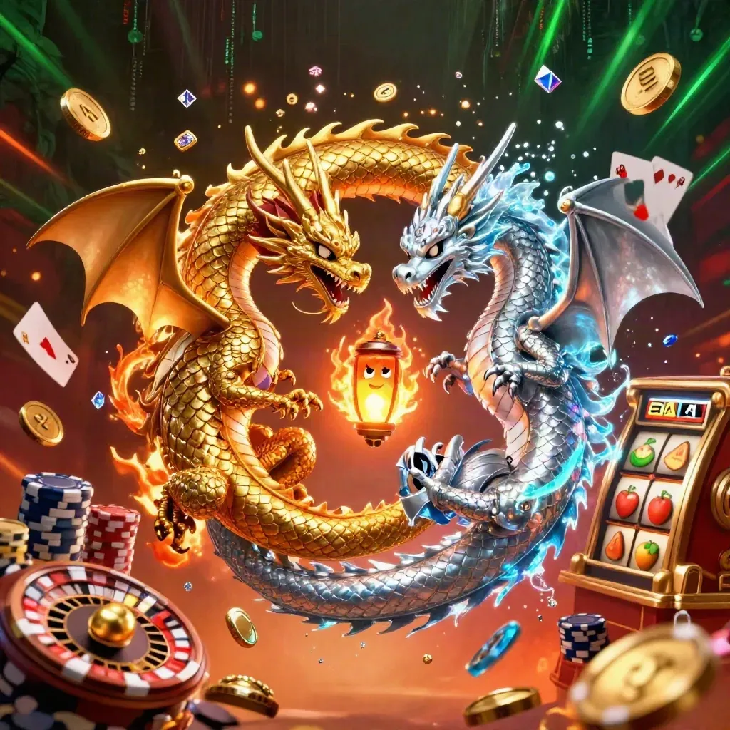 Gold and silver dragons spiral around casino treasure, coins, cards, chips, and a glowing lantern spirit.