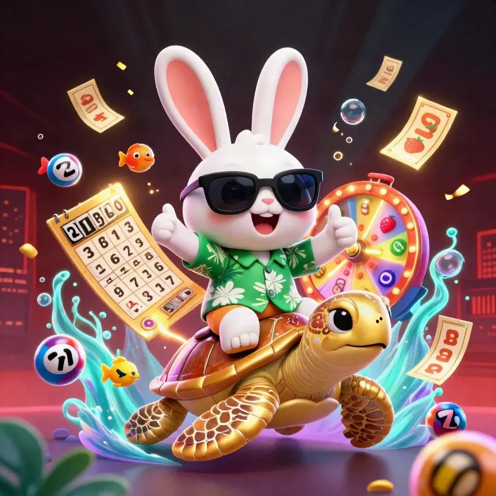 Rabbit on golden turtle amid lotto balls, prize wheel, bubbles, and neon glow