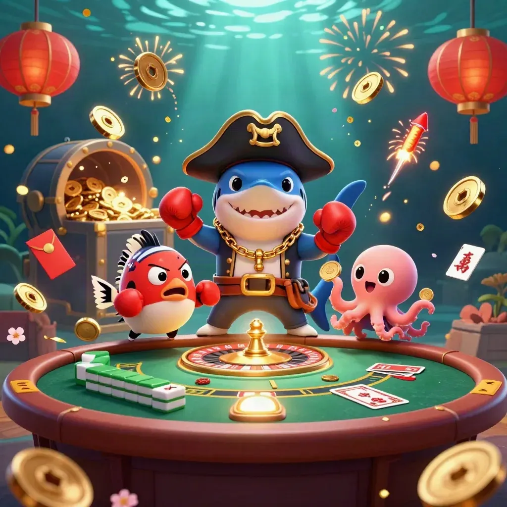 Pirate shark, pufferfish, and octopus amid coins, fireworks, casino table, and glowing jackpot treasure.
