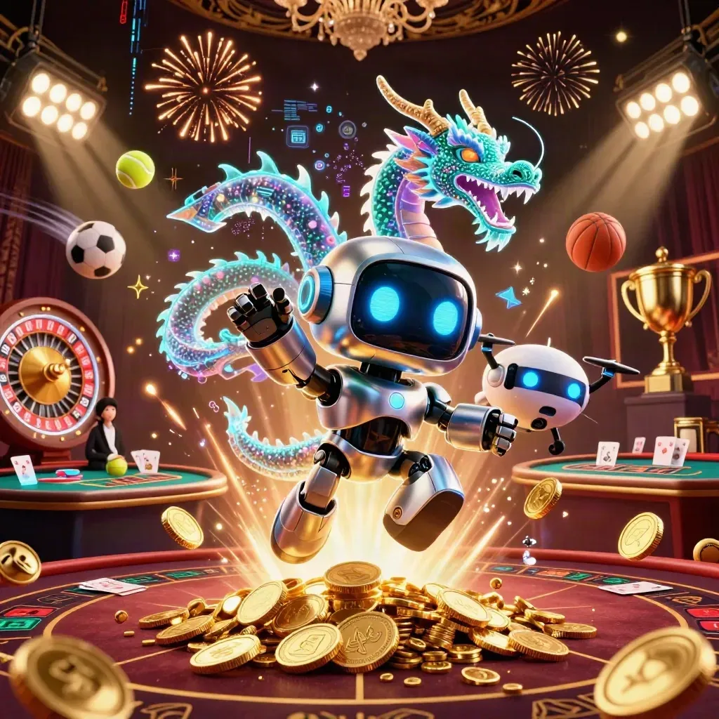 Cyberpunk robot, digital dragon, coin drone, spinning roulette, cards, trophies, coins, and fireworks