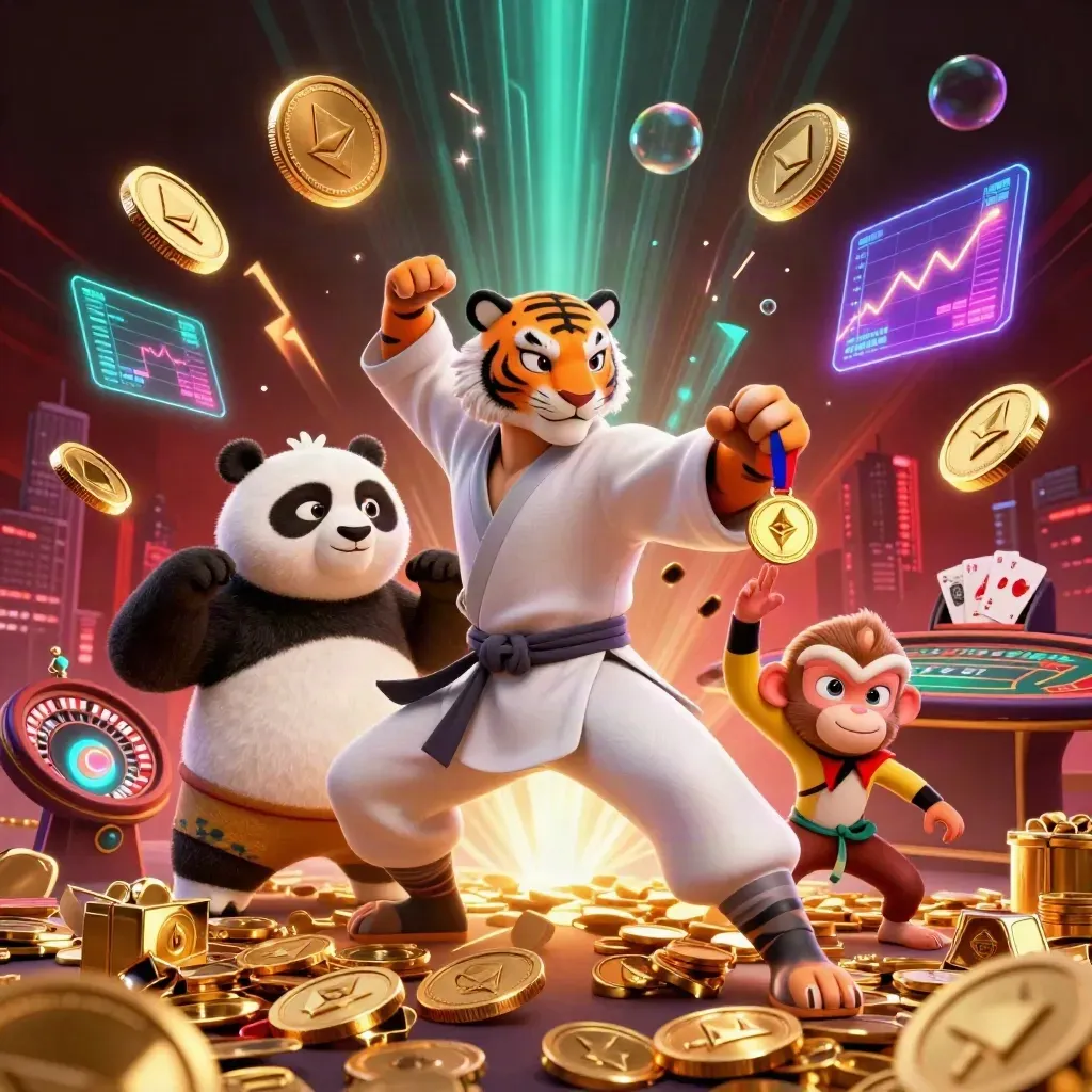 Tiger, panda, and monkey celebrate amid coins, crypto, roulette, and casino lights.