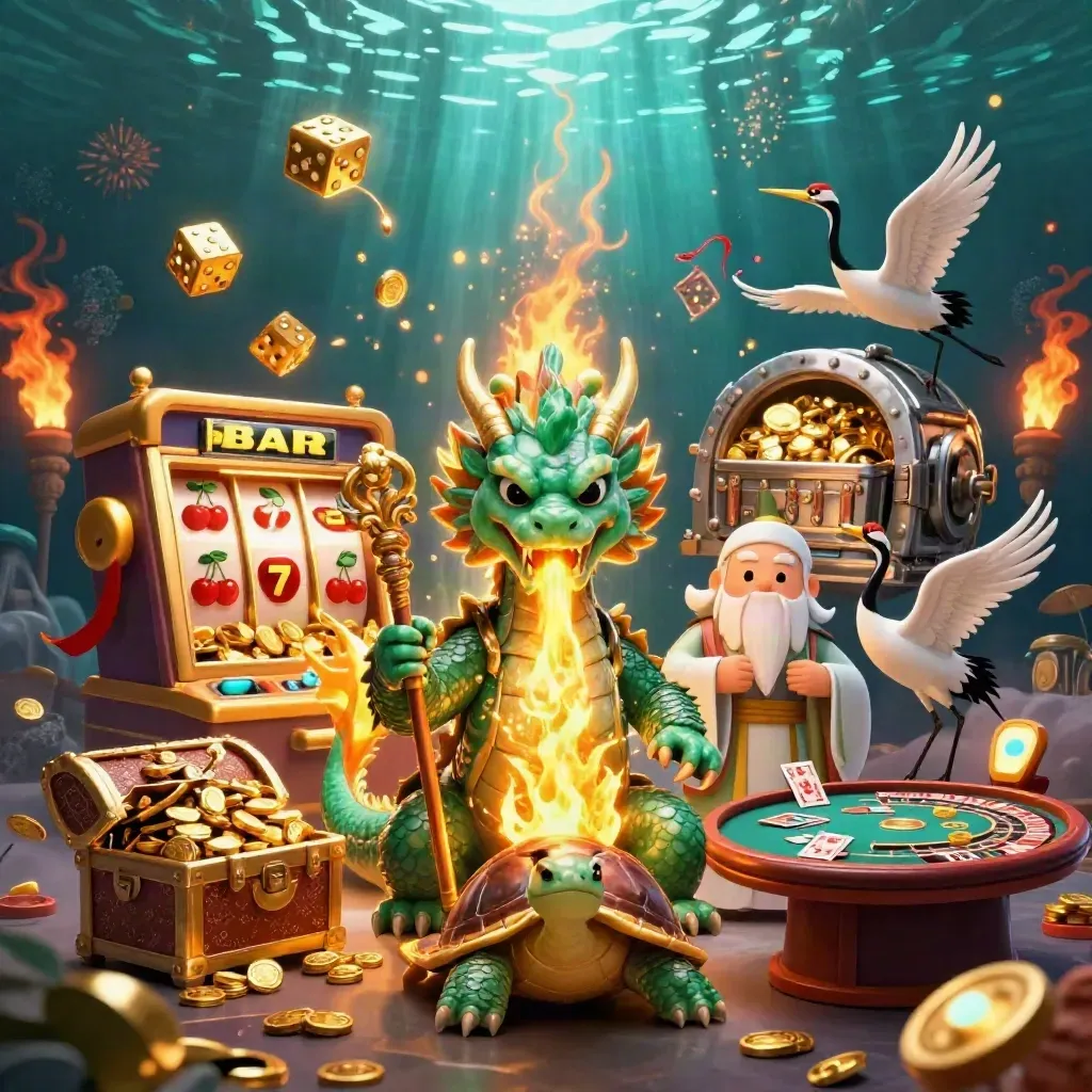 Emerald dragon, turtle sage and cranes amid vault burst, slot symbols, coins and fireworks.
