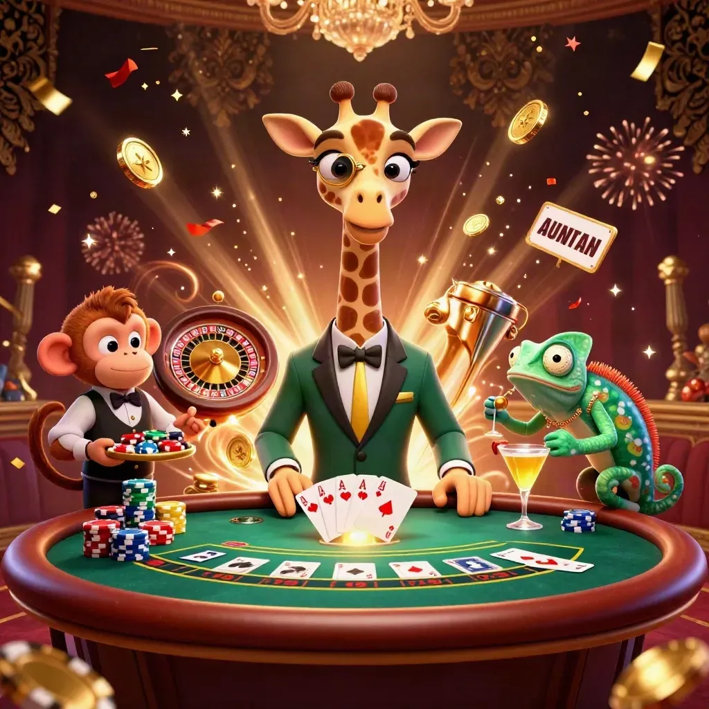 Giraffe, monkey, and chameleon at a poker table amid coins, fireworks, and luxe casino glow.