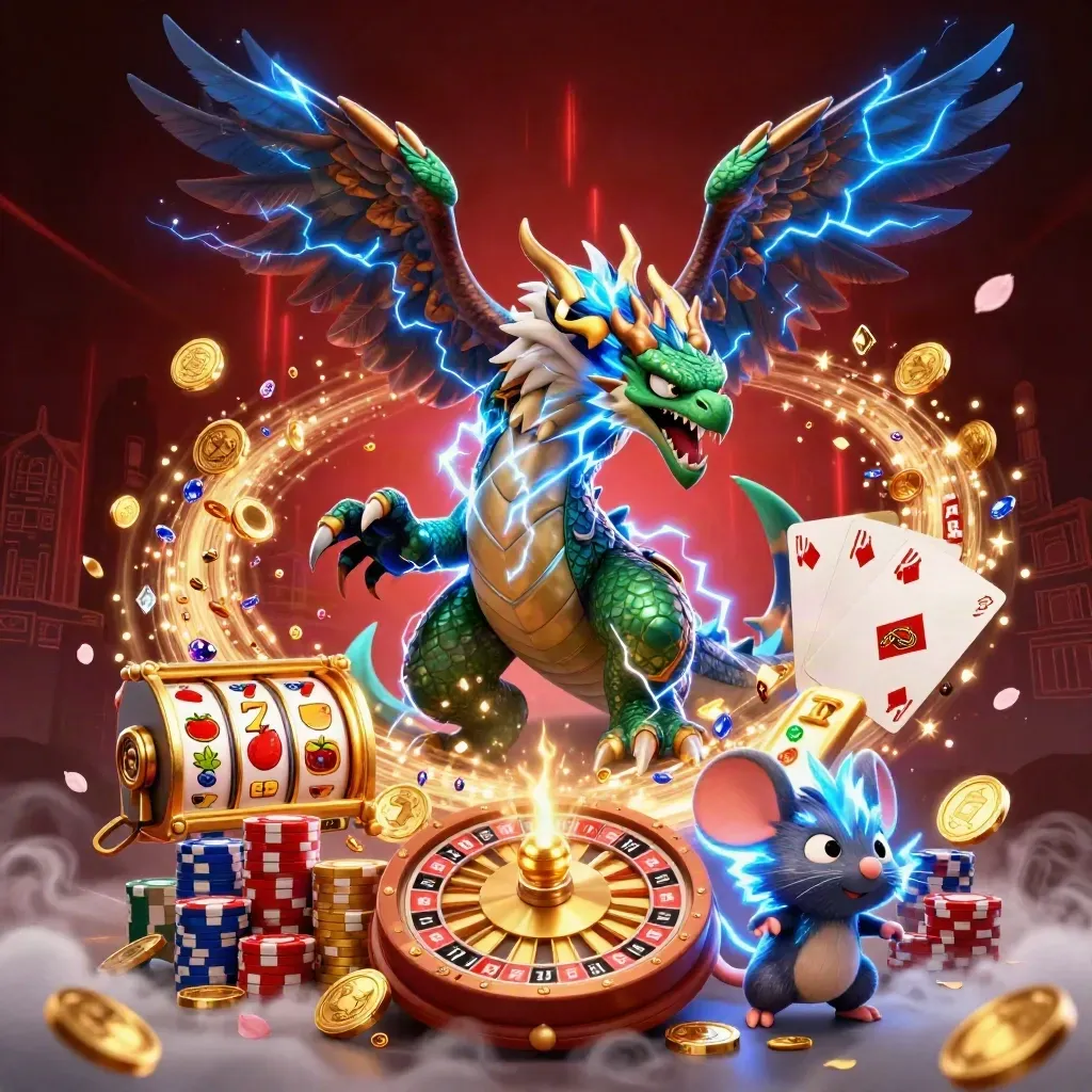 Thunder dragon, hawk, and mouse amid roulette, coins, chips, and electric-blue casino lightning.