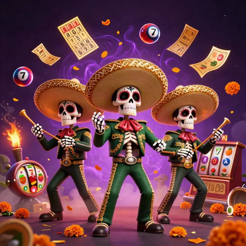 Skeleton mariachi trio amid casino balls, reels, and gold-green glow on a dark starry backdrop.