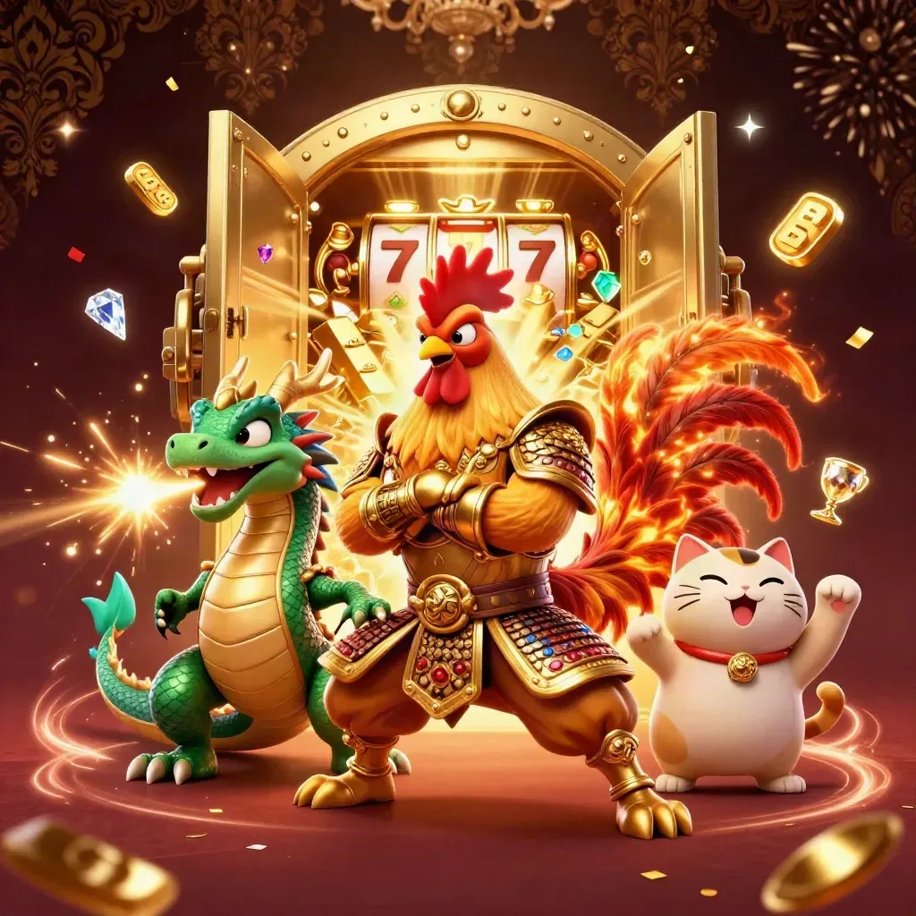 Rooster warrior, dragon hatchling, and fortune-cat amid a glowing vault, gold, reels, and casino sparks.