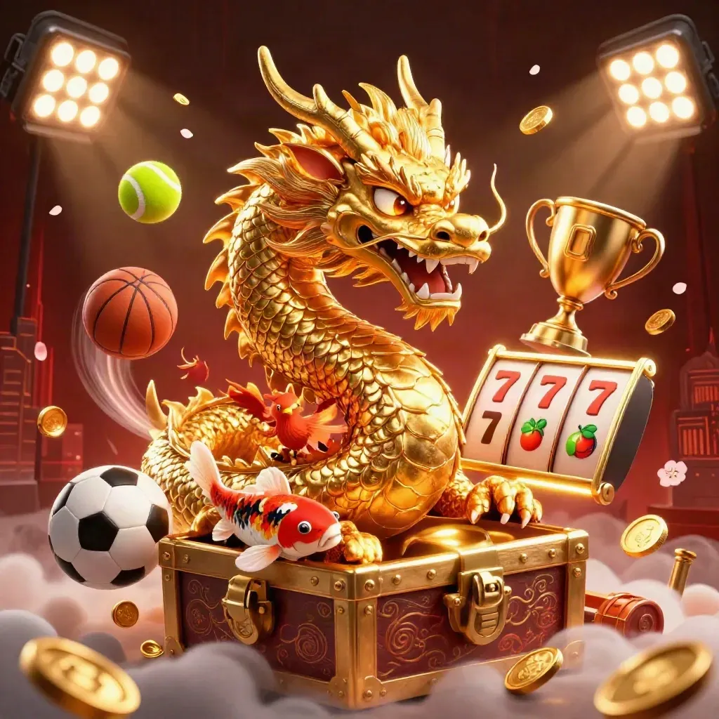 Golden dragon, phoenix and koi amid casino symbols, coins and neon beams on a dark red-black background