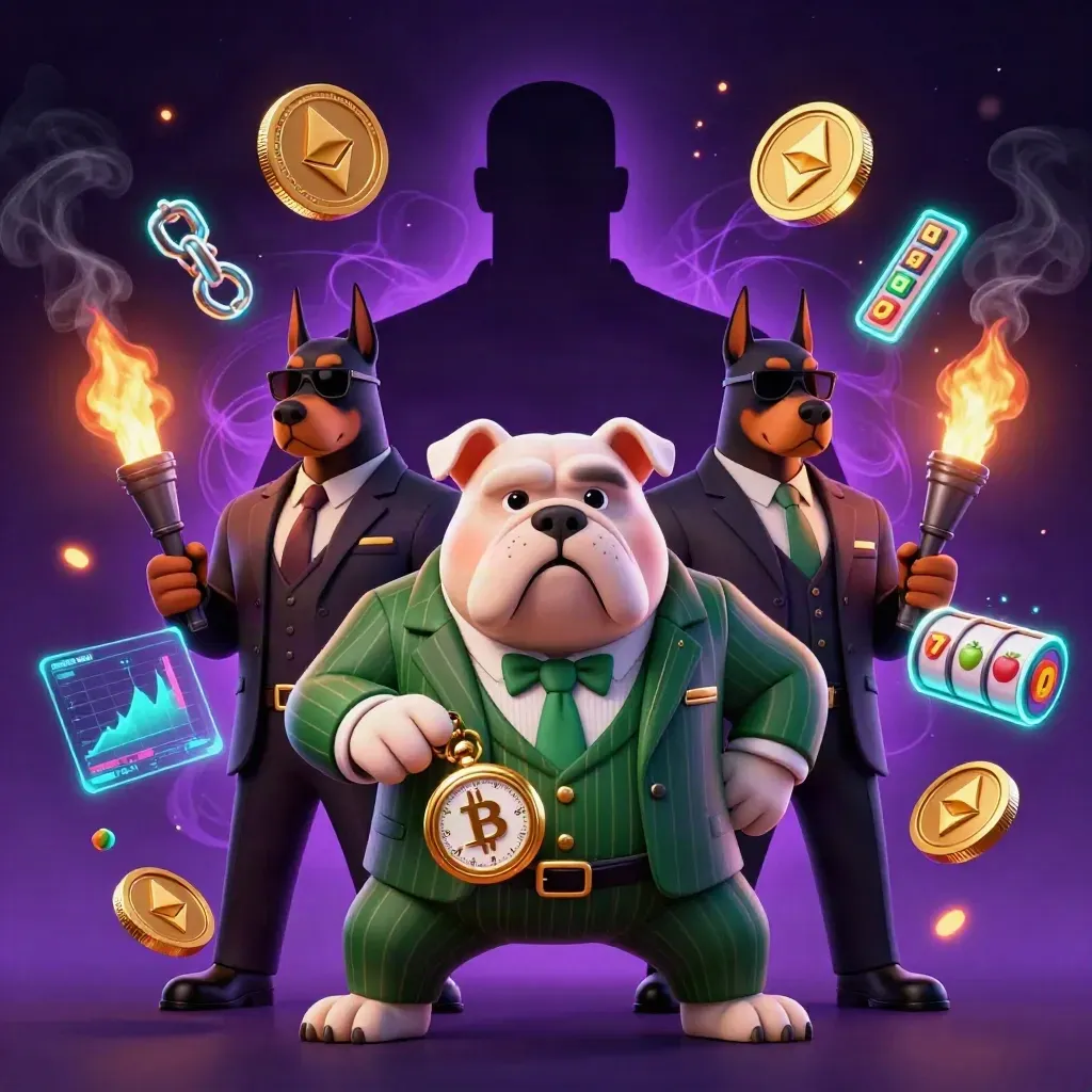 Mob boss bulldog with two bodyguards, casino coins, reels, and neon effects on dark purple background