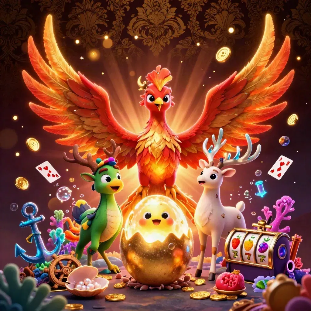 Fire phoenix, baby hatchling, and crystal stag amid casino treasure, coins, coral, reels, and gold light.